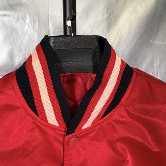Vintage 80s STARTER Satin Bomber Jacket NBA Red Black XL USA -Chicago Bulls - Picture 12 of 16